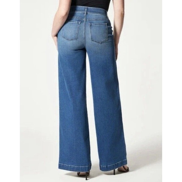 SPANX Seamed Front Wide Leg Jeans Women’s Large L Vintage Indigo Wash Slimming - Picture 2 of 8